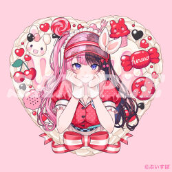  1girl black_hair blush breasts candy character_name cherry closed_mouth commentary_request copyright_name copyright_notice doughnut food frills fruit hat heart looking_at_viewer lq_saku multicolored_hair official_art one_side_up pink_background pink_hair puffy_sleeves rabbit red_hat sample_watermark smile solo split-color_hair tachibana_hinano two-tone_hair violet_eyes virtual_youtuber visor_cap vspo! watermark wrapped_candy 
