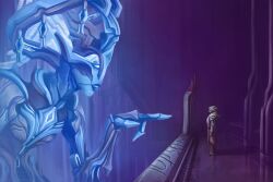  1boy 1girl character_request commentary english_commentary giant giantess goslingposting_(meme) hat highres hologram meme movie_reference neon_palette no_pupils parody pimoa_cthulhu pointing pointing_at_another scene_reference standing tagme warframe you_look_lonely_(meme) 