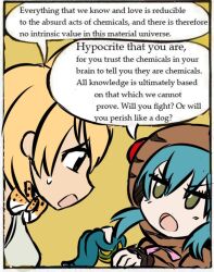  2girls adventures_of_sonic_the_hedgehog black_eyes blonde_hair blue_hair border bow bowtie commentary deculture english_commentary english_text green_eyes kemono_friends looking_at_another meme multiple_girls open_mouth parody profanity serval_(kemono_friends) short_hair sonic_(series) tsuchinoko_(kemono_friends) upper_body v-shaped_eyebrows white_border will_you_fight_or_will_you_perish_like_a_dog?_(meme) yellow_background yellow_bow yellow_bowtie 