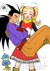  1boy 1girl artist_name black_hair black_shirt blonde_hair blush boots carrying clenched_teeth closed_eyes commentary_request couple cowboy_shot dragon_quest dragon_quest_builders_2 dress ear_blush earrings female_builder_(dqb2) fringe_trim gloves hair_horns hair_ribbon hakama healslime hetero highres hoop_earrings jacket japanese_clothes jewelry laughing long_hair low_ponytail mouyi neckerchief orange_hakama pointy_ears ponytail princess_carry purple_jacket red_dress red_gloves red_ribbon ribbon sample_watermark shirt sidoh_(dqb2) slime_(dragon_quest) smile spoken_squiggle squiggle sweatdrop teeth twintails watermark white_background yellow_boots yellow_gloves yellow_neckerchief 