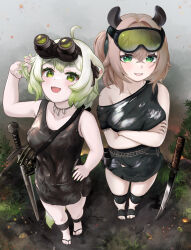  2girls absurdres ahoge alternate_costume animal_ears black_dress breasts brown_dress brown_hair commentary crossed_arms dimensionless88 dirt dress english_commentary feet ferret_ears ferret_girl ferret_tail goggles goggles_on_head gradient_hair grass green_eyes green_hair green_nails hair_between_eyes hair_intakes highres indie_virtual_youtuber jewelry leather_dress legs limealicious looking_at_viewer multicolored_hair multiple_girls necklace nimi_nightmare open_mouth sandals short_side_ponytail side_ponytail smile standing sword tapir_ears tapir_girl vinesauce virtual_youtuber weapon white_hair 