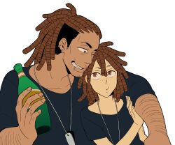  2boys arm_around_neck arm_hair book brown_eyes brown_hair commentary_request dark-skinned_male dark_skin dog_tags doug_(gangsta) dreadlocks ear_piercing earrings face_piercing galahad_woehor gangsta grin holding holding_book jewelry lip_piercing lip_ring male_focus mikey_uo multiple_boys necklace one_eye_closed piercing smile undercut 