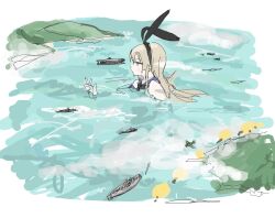 1girl aircraft aircraft_carrier airplane bare_shoulders battleship blonde_hair blush clouds gloves hairband kantai_collection long_hair military_vehicle neckerchief ocean sailor_collar shimakaze_(kancolle) shimakaze_(kantai_collection) ship warship watercraft white_gloves yaruki_(kodlerqzjufgnkp)