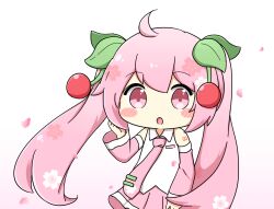  1girl :o ahoge blush_stickers cherry_hair_ornament chibi chibi_only commentary_request detached_sleeves falling_petals food-themed_hair_ornament hair_ornament hatsune_miku leaf_hair_ornament long_hair necktie nukotun open_mouth petals pink_eyes pink_hair pink_necktie sakura_miku simple_background solo twintails upper_body very_long_hair vocaloid white_background 