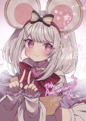  1girl animal_ear_hairband animal_ears anniversary blush bow brooch collared_shirt commentary_request fake_animal_ears granblue_fantasy hair_bow hair_ornament hairband hairclip heart heart_brooch highres jewelry k0bo43 long_sleeves looking_at_viewer mouse_ears red_eyes shirt skirt smile solo v vikala_(granblue_fantasy) white_hair white_shirt white_skirt 