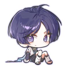  1boy antenna_hair arm_at_side black_bodysuit black_sandals black_shorts blue_kimono blunt_ends bodysuit chibi chibi_only closed_mouth eyeliner furisode genshin_impact japanese_clothes juban kimono leg_warmers looking_at_viewer makeup male_focus open_clothes open_kimono parted_bangs purple_hair purple_pupils red_eyeliner rira_archive sandals scaramouche_(genshin_impact) short_sleeves shorts sitting solo toeless_legwear violet_eyes wanderer_(genshin_impact) white_background white_kimono white_leg_warmers white_sleeves zouri 