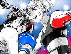  2girls blue_gloves boxing boxing_gloves boxing_shorts breasts commentary_request eyebrows_hidden_by_hair gloves gradient_background hatching_(texture) high_ponytail highres lee_(dragon_garou) linea_alba linear_hatching medium_breasts midriff mouth_guard multiple_girls open_mouth original partially_colored ponytail red_gloves serious short_hair shorts sweat 