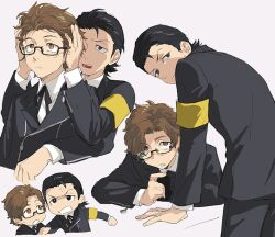  2boys anger_vein armband black-framed_eyewear black_hair black_jacket black_ribbon chibi chibi_inset commentary_request gekkoukan_high_school_uniform glasses hair_slicked_back hands_in_another's_hair hiraga_keisuke isa_(peien516) jacket male_focus multiple_boys multiple_views neck_ribbon odagiri_hidetoshi persona persona_3 rectangular_eyewear ribbon school_uniform semi-rimless_eyewear short_hair simple_background under-rim_eyewear white_background yellow_armband 