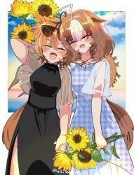  2girls absurdres ahoge animal_ears black_dress blue_dress blush breasts brown_hair checkered_clothes closed_eyes commentary_request dress ear_ribbon eyewear_on_head flower hair_between_eyes hairband highres holding holding_flower horse_ears horse_girl horse_tail meisho_doto_(umamusume) multicolored_hair multiple_girls open_mouth orange_hair orange_tail short_hair smile sunflower sunglasses t.m._opera_o_(umamusume) tail teeth two-tone_hair umamusume upper_teeth_only white_hair yoka 