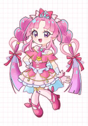  1girl :d back_bow bare_shoulders blue_bow blunt_bangs blunt_ends blush blush_stickers boots bow bowtie braid brooch capelet commentary cure_mystique curtained_hair deformed dotted_line dress earrings fingerless_gloves full_body glove_bow gloves gold_trim gradient_hair grid_background hair_bow hair_ornament hair_ribbon hand_on_own_hip heart heart_brooch heart_in_eye high_heel_boots high_heels highres impossible_hair jewelry knees_together_feet_apart kobayashi_mikuru long_hair looking_at_viewer magical_girl medium_dress meitantei_precure! moegi_itsukashi multicolored_hair open_hand open_mouth outline parted_bangs pigeon-toed pink_boots pink_bow pink_bowtie pink_capelet pink_dress pink_hair pink_outline pleated_dress precure purple_hair red_bow red_ribbon ribbon sidelocks smile spread_fingers standing symbol_in_eye thick_eyebrows thigh-highs twin_braids two-tone_hair very_long_hair violet_eyes watermark white_background white_gloves white_thighhighs wing_hair_ornament zettai_ryouiki 