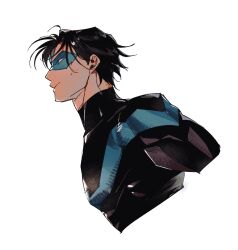  1boy batman_(series) black_bodysuit black_hair blue_bodysuit blue_mask bodysuit dc_comics dick_grayson domino_mask eye_mask highres male_focus malfunc_1701 mask multicolored_bodysuit muscular muscular_male nightwing simple_background solo superhero_costume taut_bodysuit taut_clothes two-tone_bodysuit upper_body 