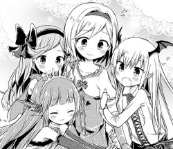  4girls amakaze_sora arm_hug bare_shoulders bat_wings blush bow character_request closed_eyes closed_mouth collarbone djeeta_(granblue_fantasy) dress elbow_gloves fang flying_sweatdrops gloves granblue_fantasy greyscale hair_bow hair_intakes hairband head_wings long_hair lowres monochrome multiple_girls open_mouth pointy_ears puffy_short_sleeves puffy_sleeves sara_(granblue_fantasy) shirt short_sleeves vampy very_long_hair wings 