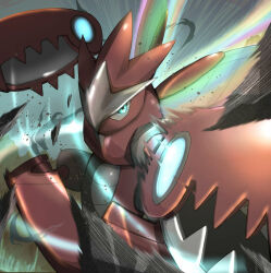  aqua_eyes bo_(bouillustration) commentary_request debris insect_wings mega_pokemon mega_scizor motion_blur pokemon pokemon_(creature) pokemon_focus scizor solo wings 