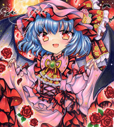  1girl :d ascot bat_(animal) bat_wings blue_hair blush brooch collared_shirt commentary_request embellished_costume falling_petals fang flower frilled_shirt_collar frills full_moon hat hat_ribbon holding_own_skirt jewelry long_sleeves looking_at_viewer marker_(medium) medium_hair mob_cap moon neck_ribbon night open_mouth petals pink_hat pink_shirt pink_skirt red_ascot red_eyes red_flower red_petals red_rose red_sky remilia_scarlet ribbon rose rui_(sugar3) sample_watermark shirt skin_fang skirt skirt_set sky smile solo touhou traditional_media watermark wings yellow_ribbon 