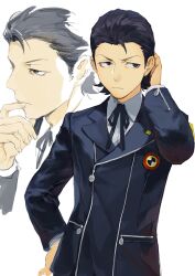  1boy armband black_hair black_jacket black_ribbon closed_mouth commentary_request dress_shirt facing_viewer gekkoukan_high_school_uniform hair_slicked_back hand_on_own_hip isa_(peien516) jacket looking_to_the_side male_focus multiple_views neck_ribbon odagiri_hidetoshi persona persona_3 ribbon school_uniform shirt short_hair simple_background straight-on white_background white_shirt yellow_armband 
