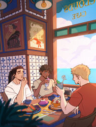  3boys alternate_costume black_hair blonde_hair blurry brown_hair cafe casual ceiling_light chair closed_eyes closed_mouth commentary contemporary crazy_straw cup dark-skinned_male dark_skin day depth_of_field drinking drinking_glass drinking_straw drinking_straw_in_mouth dungeon_meshi eating elbow_rest english_commentary falin_touden food fork fruit grey_eyes grey_shirt hand_up heart_straw highres holding holding_cup indoors kabru laios_touden lindriart long_hair looking_at_another male_focus marcille_donato multiple_boys on_chair open_mouth pancake pancake_stack plant plate ponytail poster_(object) red_shirt shirt short_hair short_sleeves shurou sitting strawberry syrup t-shirt table table_knife teacup watermelon watermelon_slice whipped_cream white_shirt window 