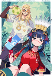  1boy 1girl ball black_hair black_shorts blonde_hair blue_hair bottle breasts colored_inner_hair commentary_request facepaint fate/dream_striker fate/grand_order fate_(series) feathers forest grey_eyes grin headdress highres jewelry long_hair looking_at_viewer meiji_ken multicolored_hair nature necklace one_eye_closed outdoors red_shirt sash shirt short_hair short_sleeves shorts sidelocks small_breasts smile soccer_ball soccer_uniform sportswear sunglasses tassel tenochtitlan_(fate) tenochtitlan_(first_ascension)_(fate) tezcatlipoca_(fate) tree water_bottle white_shirt 