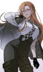 1girl black_gloves black_jacket black_pants blue_eyes brown_hair checkered_necktie collared_shirt cowboy_shot da_life_conan dress_shirt earrings from_below gloves hagiwara_chihaya hand_in_own_hair highres jacket jacket_on_shoulders jewelry long_hair meitantei_conan necktie official_alternate_costume pants parted_lips red_lips shirt sleeves_rolled_up solo standing white_shirt 