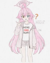  ? \m/ ahoge blue_archive colored_pencil_(medium) commentary_request facing_viewer feet_out_of_frame graphite_(medium) grey_jacket grey_shorts halo heterochromia highres hoshino_(blue_archive) huge_ahoge jacket junwen971 knees long_hair looking_at_viewer open_mouth pac-man_eyes pink_hair pink_halo shirt shorts simple_background standing t-shirt traditional_media white_background white_shirt 