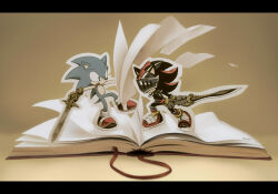  2girls animal_nose armor black_fur blue_fur book furry furry_male hedgehog_boy holding holding_sword holding_weapon kekani lancelot_(sonic) multiple_girls open_book red_fur red_shoes shadow_the_hedgehog shoes short_tail sonic_(series) sonic_and_the_black_knight sonic_the_hedgehog sword tail visor_(armor) weapon 