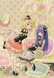  2girls adjusting_footwear ankle_strap black_bow black_cat black_hat black_shirt black_shoes blonde_hair blue_eyes blue_flower blue_rose blunt_bangs blunt_ends blunt_sidelocks book bow bowtie breasts brown_jacket candy_jar cat clock colored_eyelashes cropped_jacket dress expressionless fishnet_pantyhose fishnets floral_print floral_print_dress flower footwear_bow frederica_bernkastel frilled_dress frilled_pillow frilled_skirt frilled_sleeves frills full_body fur-trimmed_jacket fur_trim hair_bow half-closed_eyes hat high_heels highres hime_cut indoors jacket lambdadelta layered_skirt long_hair long_sleeves medium_breasts mini_hat mini_top_hat mirror multiple_girls natsume_kei off-shoulder_shrug official_art open_mouth over-kneehighs pantyhose pillow pink_flower pink_rose pink_skirt print_dress puffy_short_sleeves puffy_sleeves purple_hair rose scan shirt shoes short_hair short_sleeves shrug_(clothing) sidelocks sitting skirt skull sleeveless sleeveless_shirt socks standing standing_on_one_leg star_(symbol) striped_clothes striped_socks thigh-highs third-party_source top_hat turtleneck turtleneck_shirt two-tone_shirt umineko_no_naku_koro_ni white_socks yellow_bow yellow_bowtie yellow_dress yellow_skirt yellow_socks 