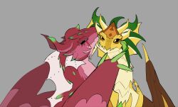  2others ananas_dragon_cookie black_sclera closed_mouth colored_sclera commentary cookie_run cookie_run:_ovenbreak dragon dragon_horns dragon_wings english_commentary grey_background highres horns licking licking_another's_face looking_at_another multiple_others oranxii2 pitaya_dragon_cookie tongue tongue_out wings 