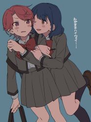  2girls :d arm_hug bag black_socks blue_background blue_hair blush_stickers bow bowtie breast_pocket brown_eyes brown_shoes collared_shirt commentary curtained_hair dutch_angle feet_out_of_frame grey_jacket grey_shirt grey_skirt hanayagi_kaoruko heads_together highres isurugi_futaba jacket kneehighs leaning_on_person leg_up loafers long_sleeves looking_at_another looking_to_the_side medium_hair multiple_girls niyororinpayamaru one_eye_closed open_clothes open_jacket open_mouth parted_bangs parted_lips pink_hair pleated_skirt pocket red_bow red_bowtie school_uniform seisho_music_academy_school_uniform shirt shirt_tucked_in shoes short_hair shoujo_kageki_revue_starlight shoulder_bag simple_background skirt smile socks standing standing_on_one_leg sweatdrop translation_request v-shaped_eyebrows violet_eyes 
