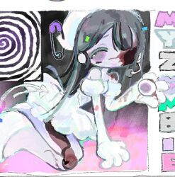  1girl alien_stage bandana black_hair dress elbow_gloves gloves hair_between_eyes http_oopsy long_hair looking_at_viewer off-shoulder_dress off_shoulder solo sua_(alien_stage) violet_eyes white_bandana white_dress white_gloves zombie_stage 