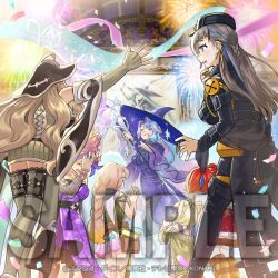  6+girls anonymous_(yu-gi-oh!) belt black_skirt black_thighhighs blonde_hair blue_hair blurry bow bracelet braid brown_hair closed_eyes closed_mouth confident depth_of_field detached_sleeves double_bun dress facepalm fireworks genni_(yu-gi-oh!) grey_skirt grey_thighhighs hair_bun hat holding holding_staff jewelry large_hat mini_person minigirl multicolored_hair multiple_girls necklace official_art open_mouth painting_(object) pantyhose parted_bangs peaked_cap picture_frame pink_skirt ponytail purple_bow purple_dress red_hair rilliona_(yu-gi-oh!) ring sample_watermark single_braid skirt smug staff streaked_hair thigh-highs utility_belt watermark white_thighhighs witch_hat witchcrafter_celebration witchcrafter_edel witchcrafter_genni witchcrafter_haine witchcrafter_madame_rilliona witchcrafter_pittore witchcrafter_potterie witchcrafter_schmietta wrist_bow yellow_pantyhose yu-gi-oh! zettai_ryouiki 
