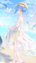  1girl absurdres beach bird blue_hair bocchi_the_rock! closed_mouth clothes_lift clouds cloudy_sky commentary_request copyright_logo dress hair_ornament hairclip hat highres kessoku_band logo looking_at_viewer ocean pixiv_id rokiryei seagull short_hair skirt skirt_lift sky smile solo sundress twitter_username water white_dress yamada_ryo yellow_eyes 