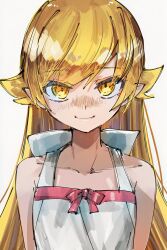  1girl ai-generated bare_shoulders blonde_hair closed_mouth commentary dress ga-006 highres long_hair looking_at_viewer monogatari_(series) oshino_shinobu pointy_ears simple_background smile untranslatable_commentary vampire white_background white_dress yellow_eyes 