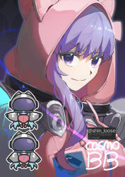 1girl absurdres bb_(fate) bb_cosmo_(fate) blue_hair character_name commentary fate/grand_order fate_(series) grey_sleeves helmet highres hood hood_up leotard long_hair long_sleeves looking_at_viewer pink_hood pink_leotard pink_shoes purple_hair shin_loose shoes smile solo space_helmet twitter_username upper_body violet_eyes 