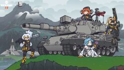  ahoge bare_shoulders black_gloves black_hat black_horns black_pants blindfold_mask blonde_hair blue_eyes blue_hair clouds cloudy_sky commentary_request covered_eyes curled_horns day deformed dragon_girl dragon_horns elbow_gloves feet fingerless_gloves flower flower_hairpin full_body gloves goggles green_eyes grey_hair gun hair_between_eyes hair_ornament hairclip hat highres holding holding_flower holding_gun holding_weapon horns indoors long_hair magus_(zenless_zone_zero) mask mechanical_horns military_vehicle motor_vehicle mountain multiple_girls navel orange_hair orphie_magnusson over_shoulder pants pointy_ears ponytail purple_flower rifle seed_(zenless_zone_zero) sky smile sniper_rifle soldier_11_(zenless_zone_zero) squidking880 sword tail tank trigger_(zenless_zone_zero) weapon weapon_over_shoulder white_gloves white_hair zenless_zone_zero 