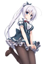 1girl absurdres black_hair black_pantyhose black_thighhighs blue_eyes breasts commentary_request hair_ornament highres japanese_clothes long_hair miko pantyhose senren_banka smile solo thigh-highs tomotake_yoshino white_background yuzusoft 