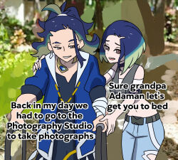  1boy 1girl adaman_(pokemon) black_choker blue_hair blue_jacket blue_pants breasts brown_eyes choker commentary crop_top earrings english_commentary english_text eyebrow_cut green_hair highres jacket jewelry medium_breasts meme midriff mobility_walker multicolored_hair navel pants perrin_(pokemon) pokemon pokemon_legends:_arceus pokemon_scarlet_and_violet ponytail rhymewithray single_earring sure_grandma_let's_get_you_to_bed_(meme) 