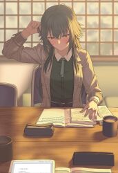  1girl arm_up book chair coffee coffee_mug collared_shirt commentary_request cup gakuen_idolmaster green_hair green_shirt grey_jacket highres holding holding_pen idolmaster indoors jacket mug notebook nozuchi_(artist) on_chair open_book open_clothes open_jacket pen pencil_case shirt sitting solo studying table tablet_pc tsukimura_temari 