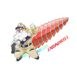  1boy beard belt black_belt black_shoes brown_helmet brown_jacket brown_pants character_name clenched_hands commentary_request dark-skinned_male dark_skin drill excadrill facial_hair full_body glint gloves grey_eyes helmet highres jacket long_sleeves male_focus malryu mega_excadrill mega_pokemon mega_stone pants pokemon pokemon_(creature) pokemon_legends:_z-a shoes simple_background tarragon_(pokemon) thick_eyebrows white_background white_gloves white_hair 