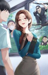  1girl 4boys absurdres aqua_shirt binoculars book breasts brown_hair brown_skirt bush camouflage disguise glasses gongha hair_over_shoulder highres holding holding_binoculars in_tree long_sleeves low_ponytail mask medium_breasts multiple_boys open_mouth original ponytail red_eyes shirt skirt smile solo_focus teacher teeth tree upper_body upper_teeth_only window yakuza 