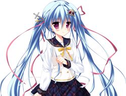  1girl blue_hair bow buttons collarbone dot_nose double-breasted floating_hair game_asset hair_ornament hair_ribbon long_hair long_sleeves luluna magical_marriage_lunatics!! non-web_source official_art plaid_clothes plaid_sailor_collar plaid_skirt ribbon sailor_collar sakurasaka_tsuchiyu shirt simple_background skirt skull striped_clothes tachi-e transparent_background twintails two-tone_shirt violet_eyes white_shirt 