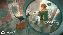  1girl absurdres behind-the-head_headphones black-framed_eyewear black_cat black_thighhighs blunt_bangs cat checkered_floor commentary_request fur-trimmed_jacket fur_trim green_jacket headphones highres indoors jacket laundromat long_hair looking_at_viewer morgana_(cat)_(persona_5) morgana_(persona_5) orange_hair persona persona_5 sakura_futaba solo thigh-highs toto_(caaaaarrot) violet_eyes washing_machine 