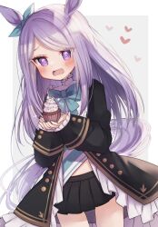  1girl animal_ears aqua_bow black_jacket black_skirt blush bow coat commentary_request cupcake ear_bow ear_ribbon food frilled_coat frills grey_background heart highres holding holding_food horse_ears horse_girl horse_tail jacket k0bo43 long_hair long_sleeves looking_at_viewer mejiro_mcqueen_(frontline_elegance)_(umamusume) mejiro_mcqueen_(umamusume) open_mouth pleated_skirt purple_hair ribbon simple_background skirt sleeves_past_wrists solo swept_bangs tail umamusume violet_eyes white_background 