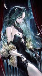  absurdres android cyberpunk dress green_dress green_eyes green_hair highres long_hair machine neon_lights original rain renoahh side_slit 
