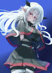  1girl bat_hair_ornament black_gloves black_skirt blue_background breasts capelet commentary_request commission cowboy_shot dress elbow_gloves fingerless_gloves floating_hair gloves gradient_background hair_between_eyes hair_ornament highres large_breasts long_hair looking_at_viewer original parted_lips pleated_skirt pointy_ears protectload red_eyes shirt simple_background skeb_commission skirt smile solo standing striped_clothes striped_thighhighs thigh-highs white_hair 