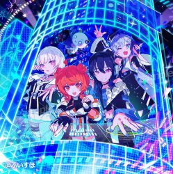  4girls ahoge album_cover asumi_sena bare_shoulders black_choker black_gloves black_hair blue_hair blue_nails blue_streaks choker commentary_request copyright_notice cover double_bun fang fingerless_gloves gloves hair_between_eyes hair_bun hair_ornament headphones highres honepink ichinose_uruha jacket jacket_partially_removed long_sleeves looking_at_viewer microphone midriff multicolored_hair multiple_girls nail_polish navel off_shoulder official_alternate_costume official_art one_eye_closed open_mouth orange_nails pink_eyes red_eyes red_hair short_hair skin_fang skirt smile streaked_hair thigh-highs thigh_strap violet_eyes virtual_youtuber vspo! white_hair white_skirt white_thighhighs yano_kuromu yumeno_akari 