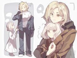  2girls absurdres blonde_hair brown_eyes brown_jacket child closed_eyes dress emily_(resident_evil) fbi_badge grace_ashcroft grey_background haobuguniao heart highres hug hug_from_behind jacket jacket_partially_removed light_smile messy_hair multiple_girls parted_bangs resident_evil resident_evil_requiem shared_clothes shirt short_hair spoken_heart squeans suit_jacket white_background white_dress white_shirt 