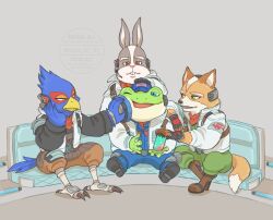  4boys bird_boy blue_feathers brown_fur buck_teeth calws can chibi closed_mouth commentary_request falco_lombardi fangs feathers fox_boy fox_mccloud frog_boy furry furry_male grey_background grey_fur headpat holding holding_can ice_pack male_focus mito_31_31 multiple_boys open_mouth peppy_hare rabbit_boy sitting slippy_toad smile star_fox star_fox_(2026) teeth watermark 