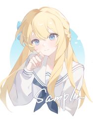  1girl absurdres blonde_hair blue_background blue_bow blue_eyes blue_neckerchief border bow closed_mouth commission cropped_torso double-parted_bangs hair_between_eyes hair_bow hand_up highres huolala_neiku_chaofan long_hair long_sleeves looking_at_viewer mihuashi_commission neckerchief original outside_border round_border sailor_collar sample_watermark school_uniform serafuku shirt smile solo watermark white_border white_sailor_collar white_shirt 
