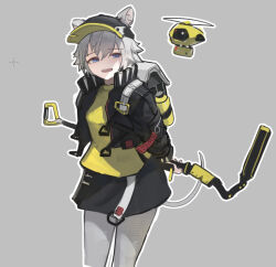  1girl animal_ears arknights backpack bag baseball_cap black_hat black_jacket black_skirt blue_eyes click_(arknights) cowboy_shot drone ears_through_headwear grey_background grey_hair grey_pantyhose hat holding holding_behind_back holding_staff holding_weapon_behind_back jacket kusami_toka_naku_au looking_at_viewer mouse_ears mouse_girl mouse_tail open_clothes open_jacket pantyhose short_hair simple_background skirt smile solo staff tail white_bag 