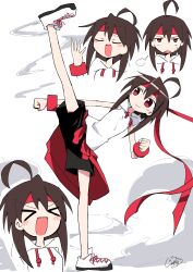  >_< :d :o absurdres ahoge black_shorts blush brown_hair clenched_hand commentary_request facing_viewer full_body generalcanon hair_between_eyes hand_up headband highres hood hoodie jitome kicking laughing long_hair long_sidelocks looking_at_viewer looking_to_the_side looking_up multiple_views open_mouth original puff_of_air red_eyes red_headband shoelaces shoes shorts sidelocks sleeveless sleeveless_hoodie smile solo_focus split standing standing_on_one_leg standing_split sweatdrop takebana_nanoha v-shaped_eyebrows white_hoodie white_shoes wristband 