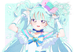  1girl blue_bow blue_choker blue_hair blue_hat blue_nails bow bow_choker brooch bunching_hair choker commentary_request cure_lillian detached_sleeves dress dress_bow earrings frilled_hat frills green_eyes hat hat_bow hat_ribbon heart heart_brooch holding_hair holding_own_hair jewelry long_hair looking_at_viewer magical_girl mini_hat mini_top_hat multicolored_eyes nail_polish nekoyashiki_mayu open_mouth pink_bow pink_eyes precure purple_ribbon ribbon serizawa_serizane smile solo tilted_headwear top_hat twintails upper_body violet_eyes white_dress wonderful_precure! yellow_pupils 